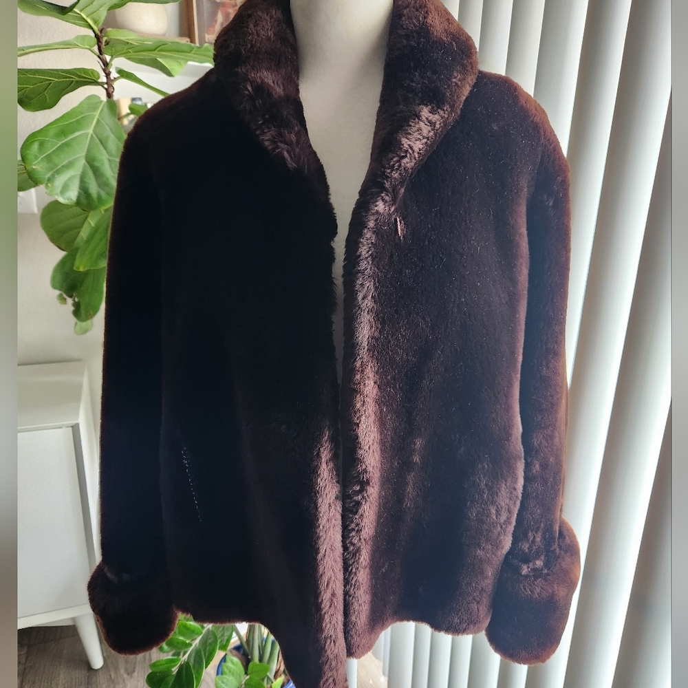 Vintage Lang's 50s Faux Fur Evening Coat Brown Cuffed Popped Collar Jacket